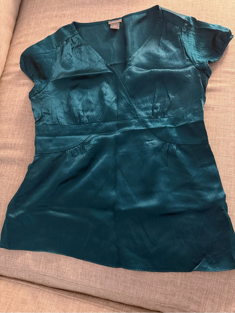 Ann Taylor Teal Satin V-Neck Blouse